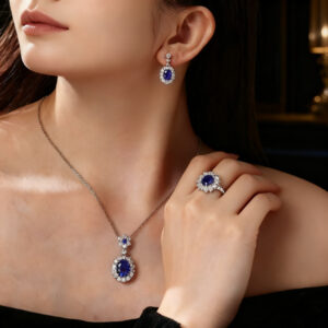 Fashion Stud Earrings:Mesmerizing 3-Piece Sapphire & Diamond Jewelry Set