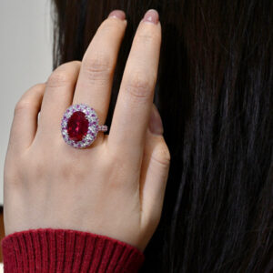 Sterling Silver Rings-Lab Diamond Ring-Ruby Pigeon Egg Ring surrounded by small diamonds and rubies_5